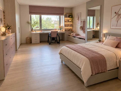 AI concept of a bedroom with an open central floor area and furniture arranged around its edges, with pink textiles and pale furniture