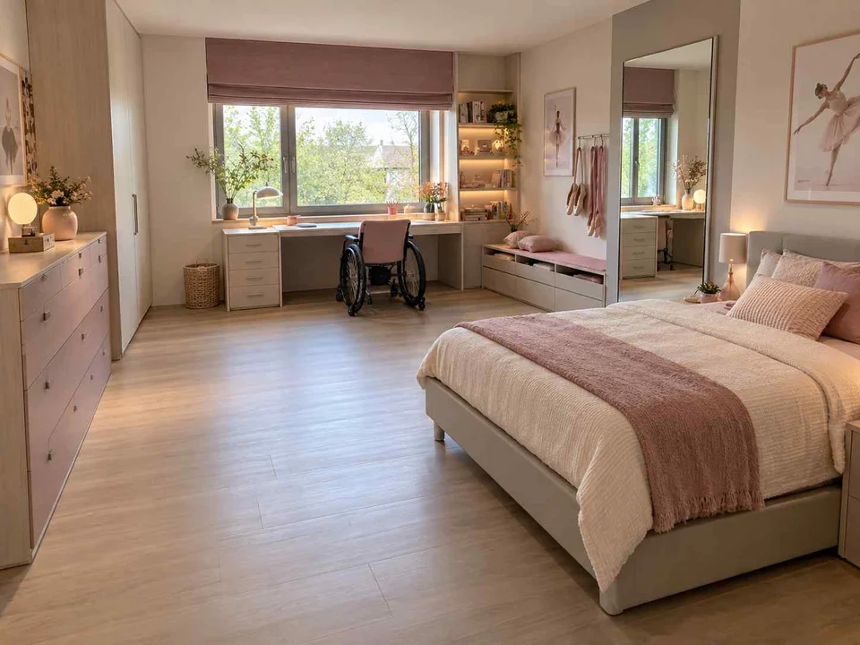 AI concept of a bedroom with an open central floor area and furniture arranged around its edges, with pink textiles and pale furniture