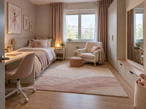 AI concept of a bedroom arranged around sleep, storage and a small sitting area, with pink textiles and pale furniture