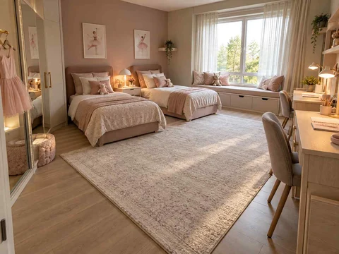 AI concept of a shared bedroom with twin sleeping areas and daylight from the window side, with pink textiles and pale furniture