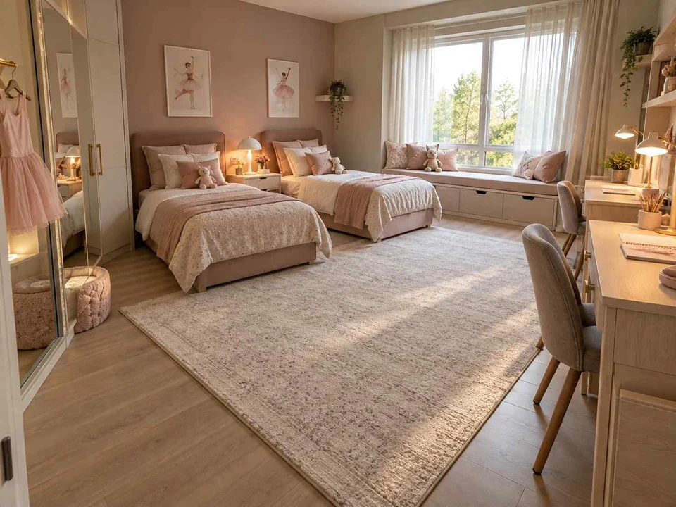 AI concept of a shared bedroom with twin sleeping areas and daylight from the window side, with pink textiles and pale furniture