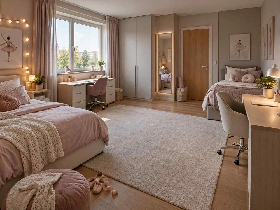 AI concept of a shared bedroom with two sleeping areas and desk space, with pink textiles and pale furniture