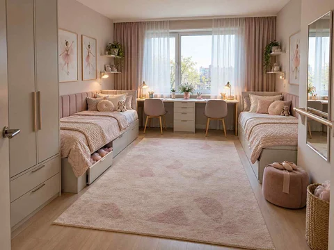 AI concept of two beds arranged around a shared central floor area, with pink textiles and pale furniture