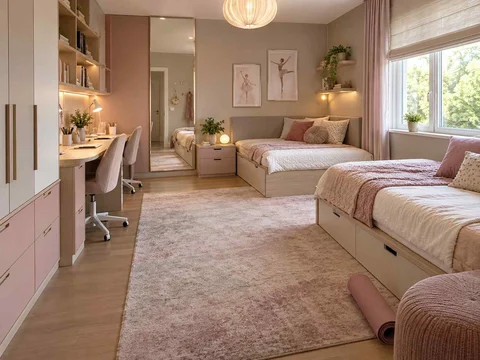 AI concept of a shared bedroom with two sleeping areas and study furniture, with pink textiles and pale furniture