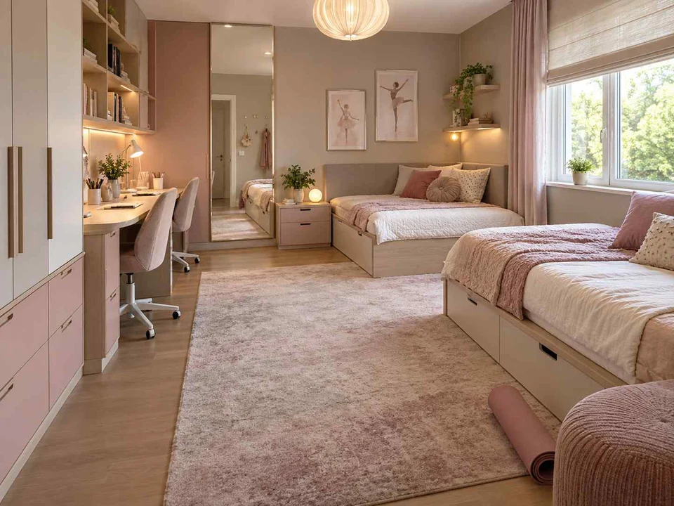 AI concept of a shared bedroom with two sleeping areas and study furniture, with pink textiles and pale furniture