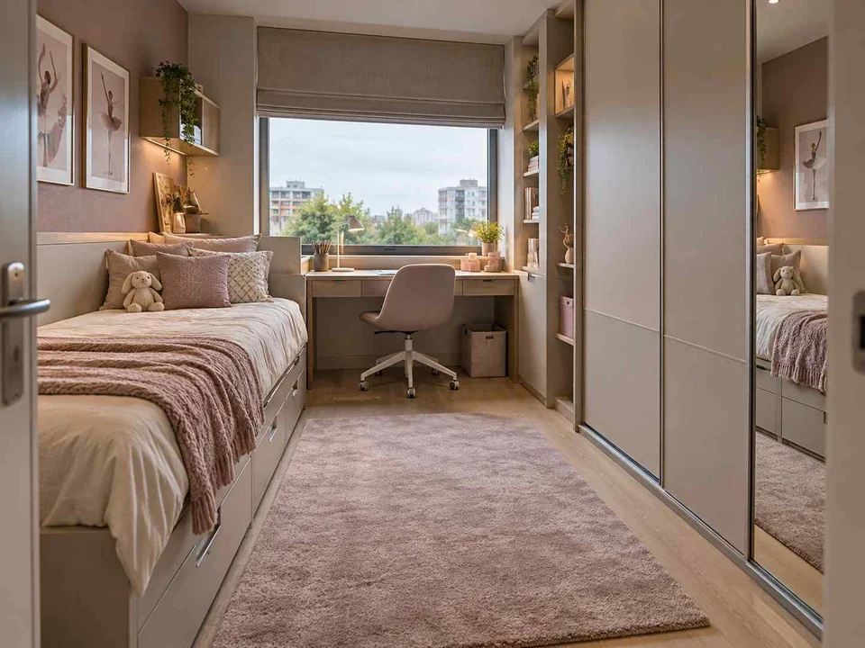 AI concept of a small bedroom with a bed, study furniture and integrated storage, with pink textiles and pale furniture