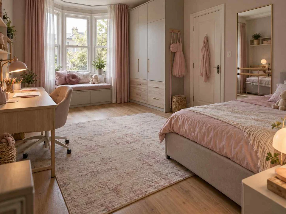 AI concept of a bedroom with a window-side seating area, with pink textiles and pale furniture