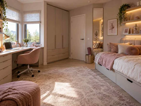 AI concept of a bedroom with a desk positioned near a window, with pink textiles and pale furniture