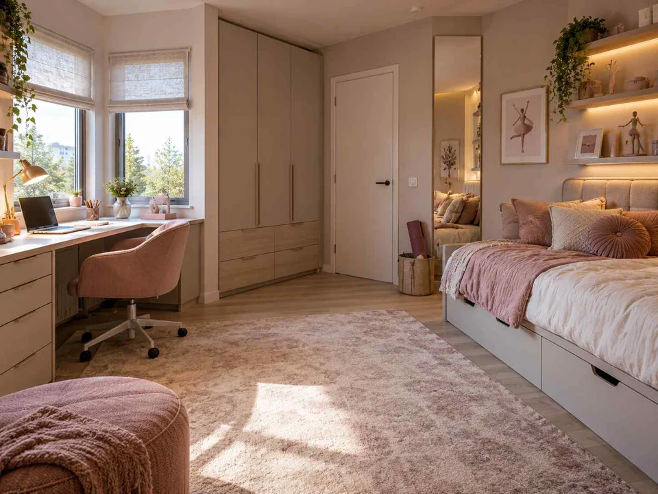 AI concept of a bedroom with a desk positioned near a window, with pink textiles and pale furniture