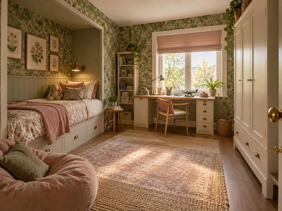 AI concept of a bedroom with a recessed sleeping area and a separate desk, with botanical patterns and muted green furniture