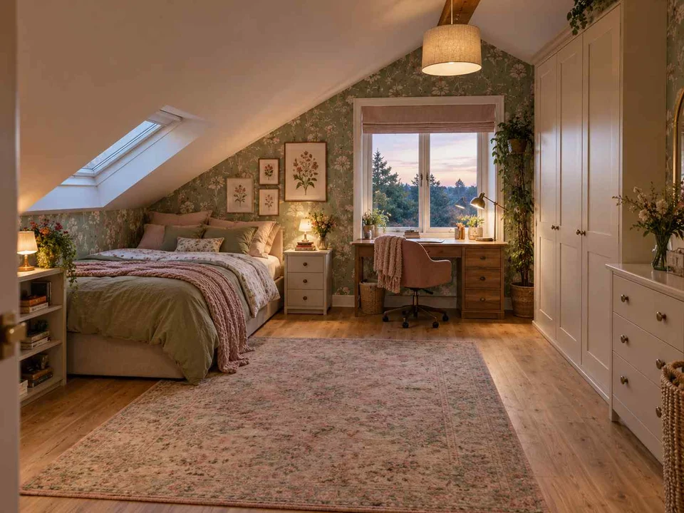 AI concept of a bedroom beneath a sloping ceiling with a bed and desk, with botanical patterns and muted green furniture
