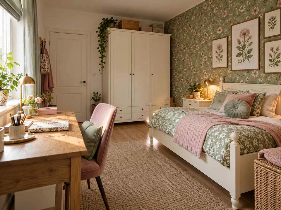 AI concept of a bedroom arranged with a bed, desk and storage furniture, with botanical patterns and muted green furniture
