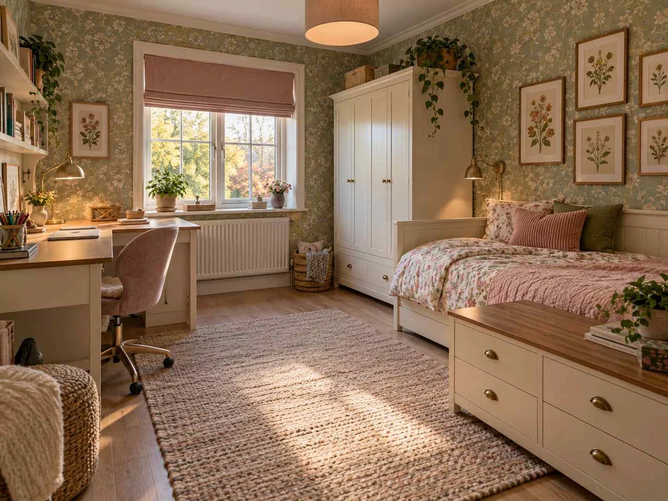 AI concept of sleeping and homework areas within the same room, with botanical patterns and muted green furniture
