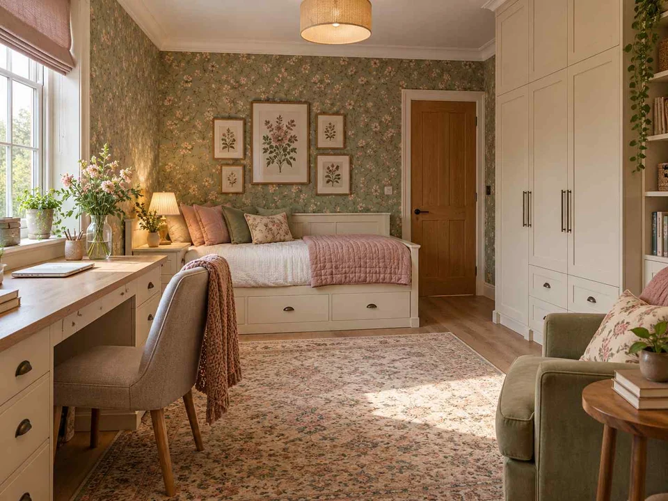AI concept of a bedroom with desk space, task lighting and nearby storage, with botanical patterns and muted green furniture
