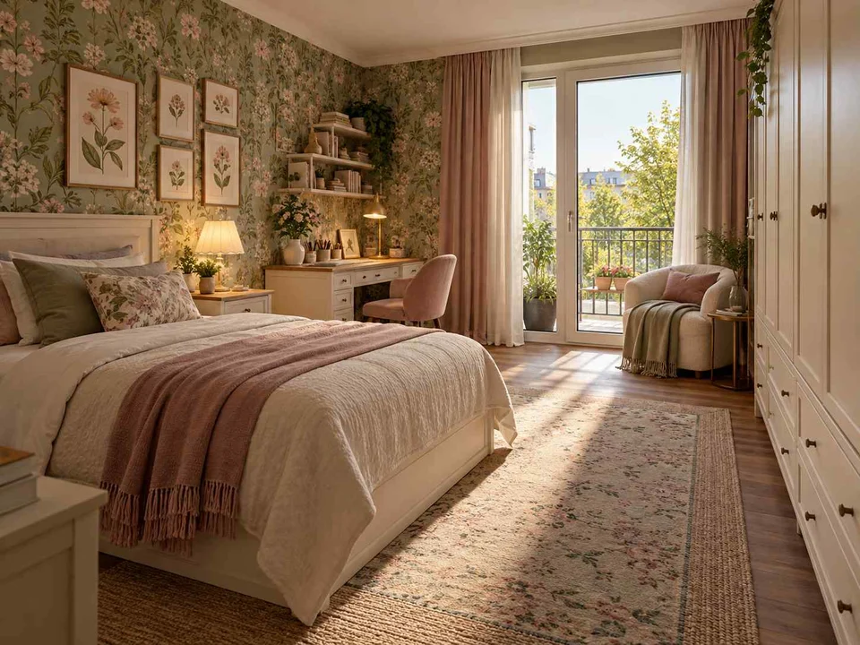 AI concept of a bedroom opening towards full-height glazed doors, with botanical patterns and muted green furniture