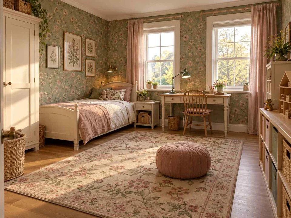 AI concept of a bedroom with a central rug and open floor space for play, with botanical patterns and muted green furniture