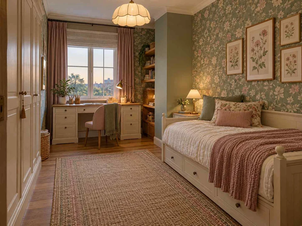 AI concept of a bedroom with a study desk and storage beside the sleeping area, with botanical patterns and muted green furniture