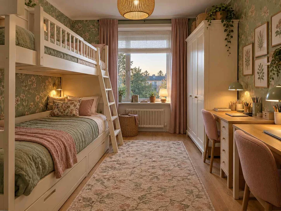 AI concept of bunk beds alongside study furniture and storage, with botanical patterns and muted green furniture