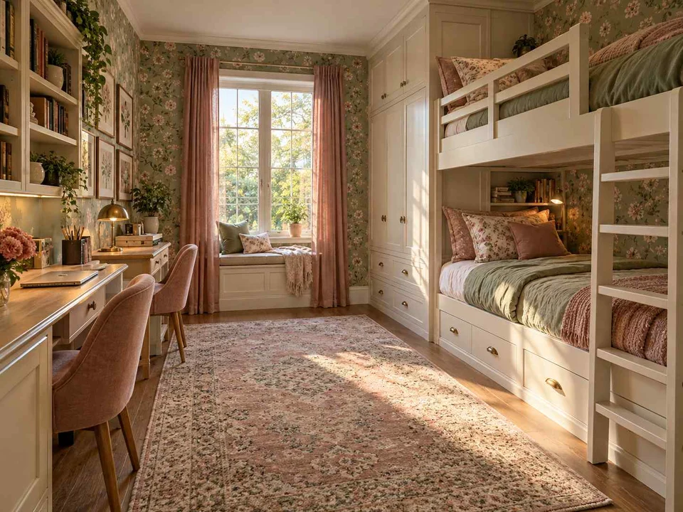 AI concept of bunk beds paired with bookshelves and study space, with botanical patterns and muted green furniture