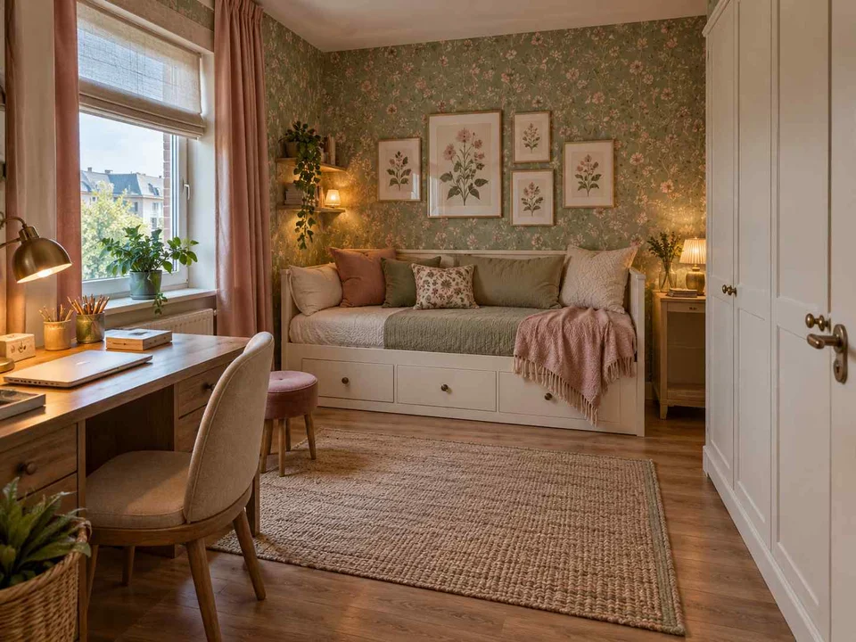 AI concept of a compact bedroom combining a bed, desk and storage, with botanical patterns and muted green furniture