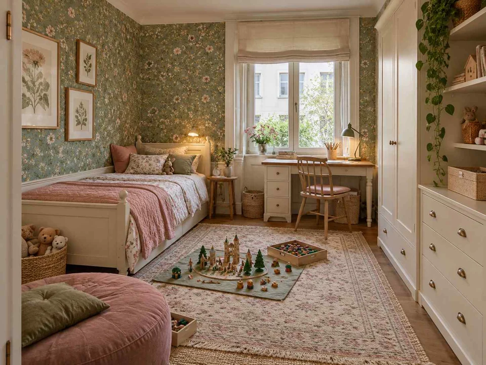 AI concept of a daylit bedroom with space for floor play, with botanical patterns and muted green furniture