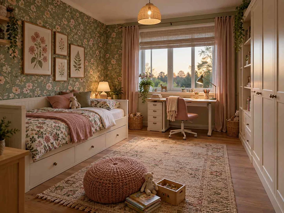AI concept of a bedroom with a bed, study desk and open central floor space, with botanical patterns and muted green furniture