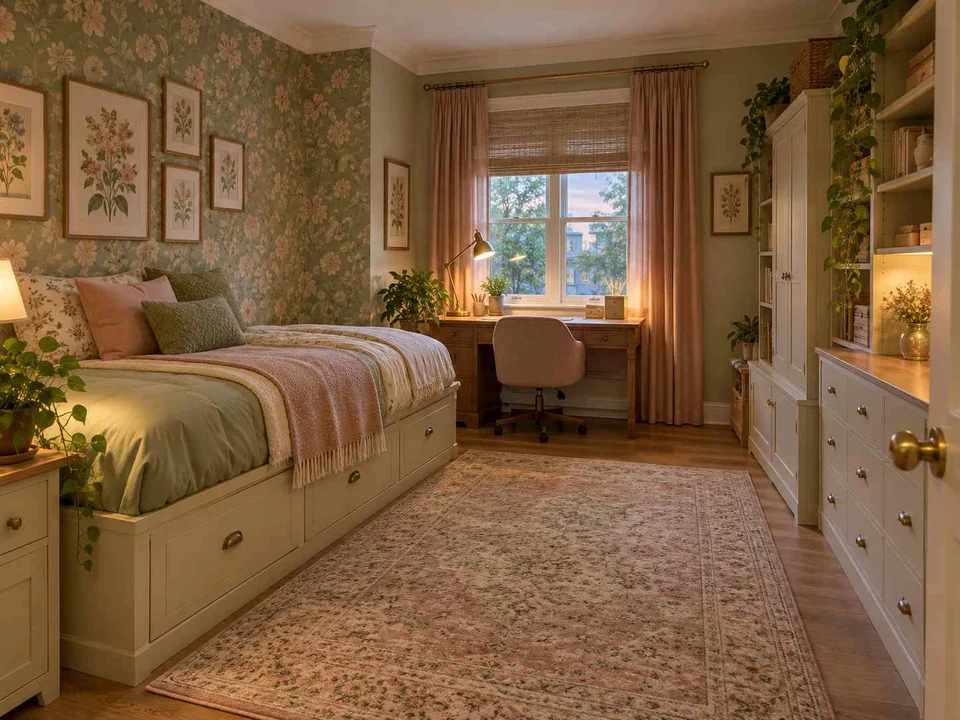 AI concept of a bedroom combining low storage with taller cabinetry or shelving, with botanical patterns and muted green furniture