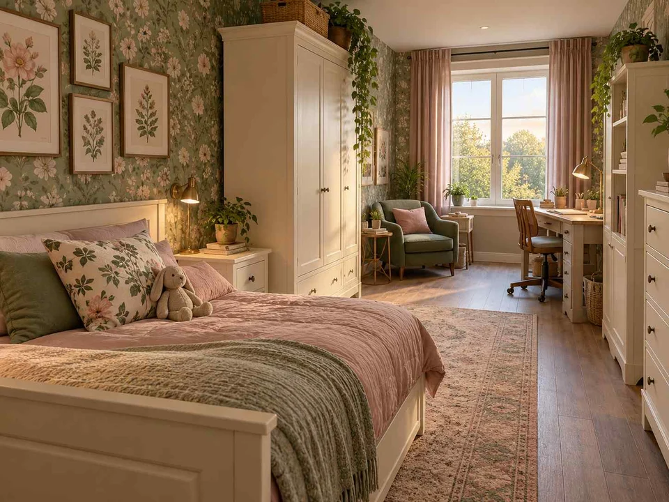 AI concept of a long bedroom with sleeping and study areas arranged along its length, with botanical patterns and muted green furniture