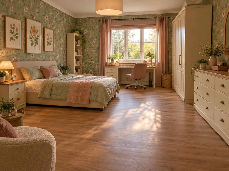 AI concept of a bedroom with an open central floor area and furniture arranged around its edges, with botanical patterns and muted green furniture