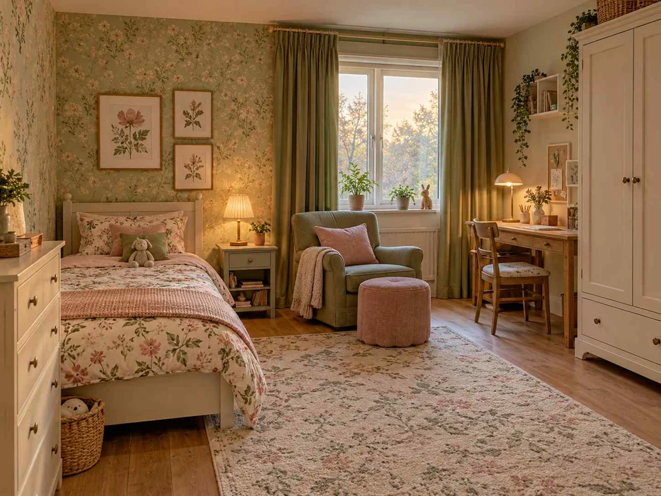 AI concept of a bedroom arranged around sleep, storage and a small sitting area, with botanical patterns and muted green furniture