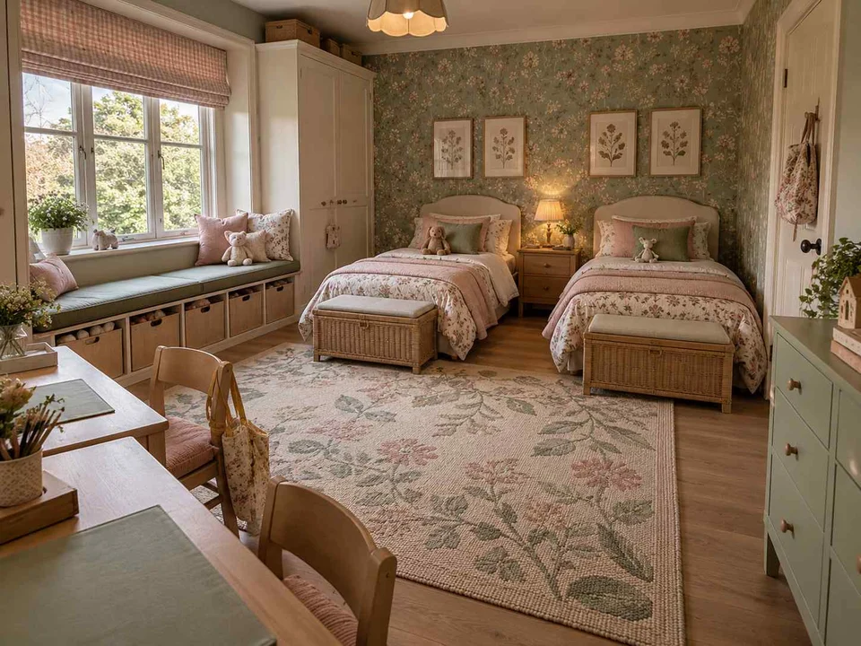 AI concept of a shared bedroom with twin sleeping areas and daylight from the window side, with botanical patterns and muted green furniture