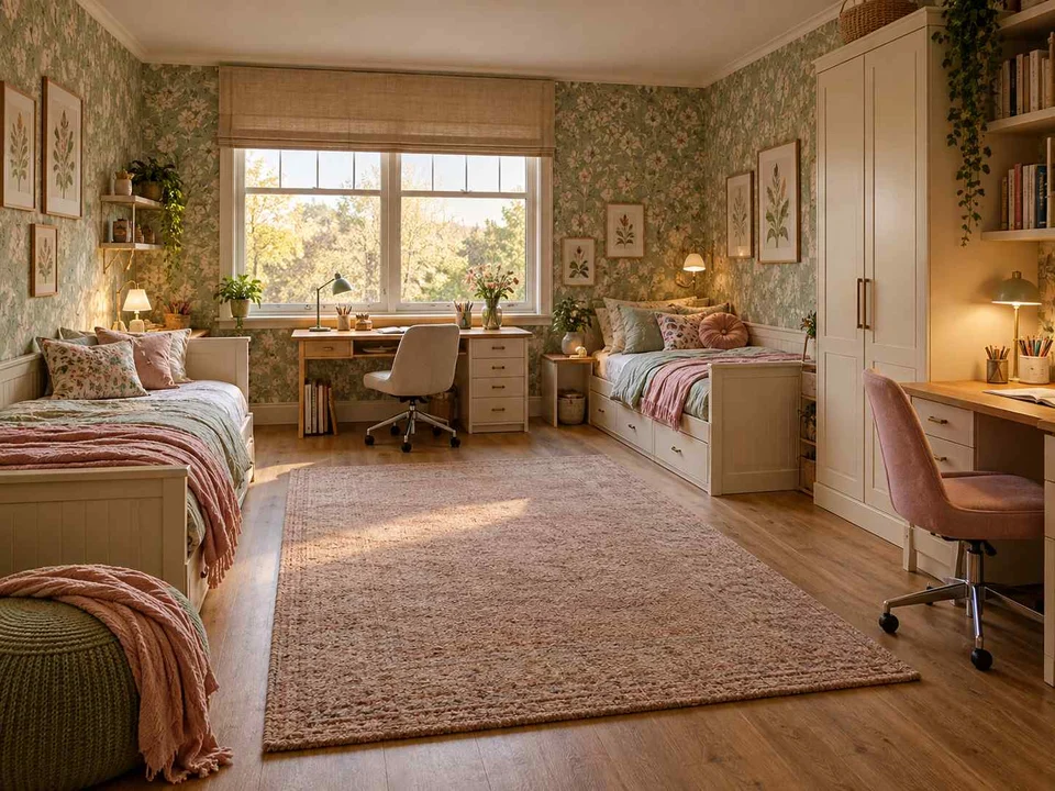 AI concept of a shared bedroom with two sleeping areas and desk space, with botanical patterns and muted green furniture