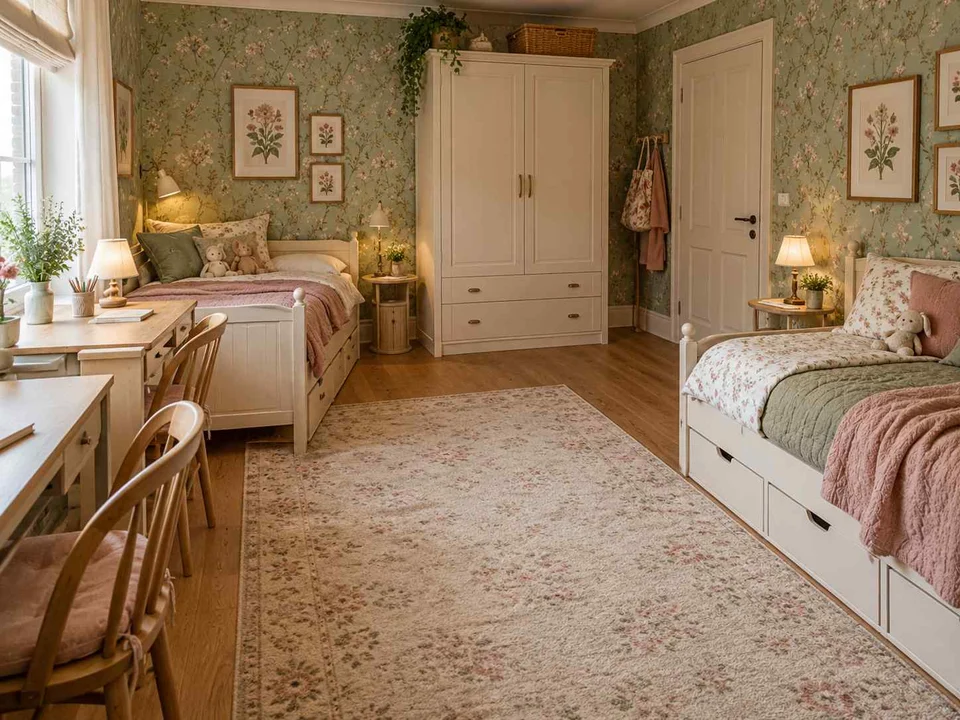 AI concept of two beds arranged around a shared central floor area, with botanical patterns and muted green furniture