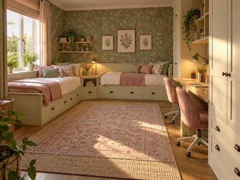 AI concept of a shared bedroom with two sleeping areas and study furniture, with botanical patterns and muted green furniture