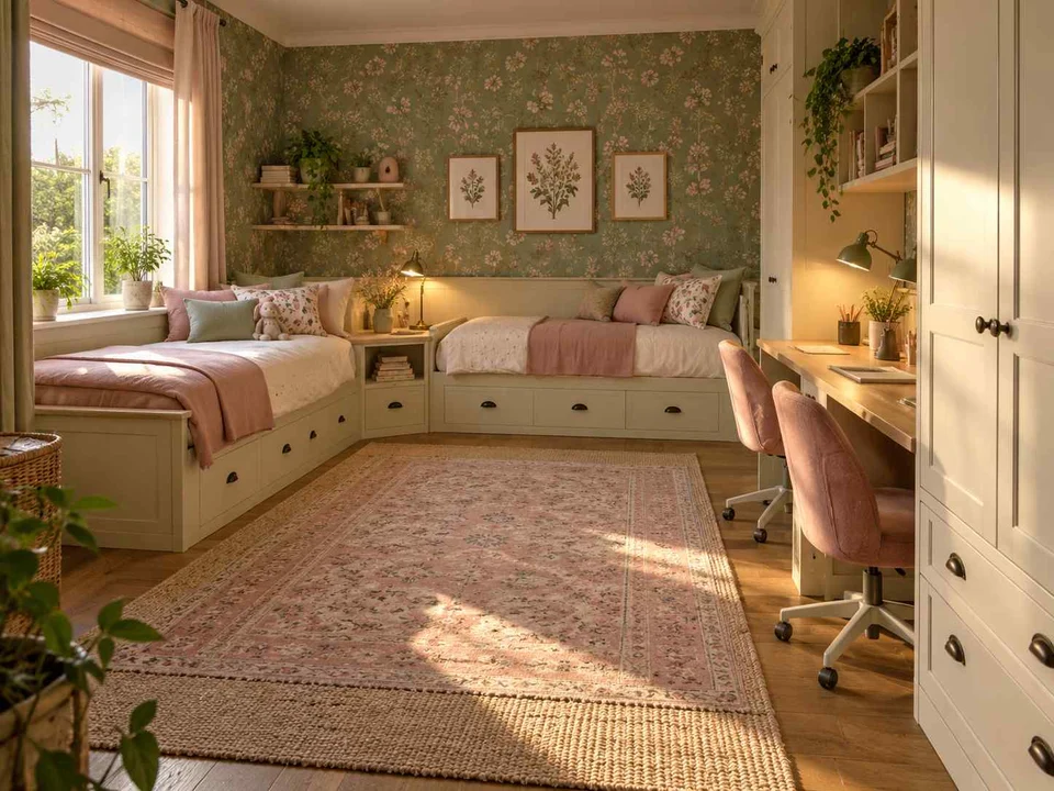 AI concept of a shared bedroom with two sleeping areas and study furniture, with botanical patterns and muted green furniture