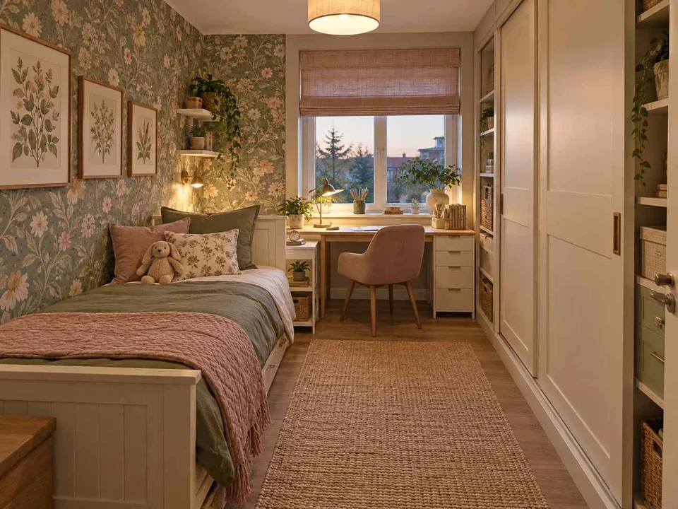 AI concept of a small bedroom with a bed, study furniture and integrated storage, with botanical patterns and muted green furniture