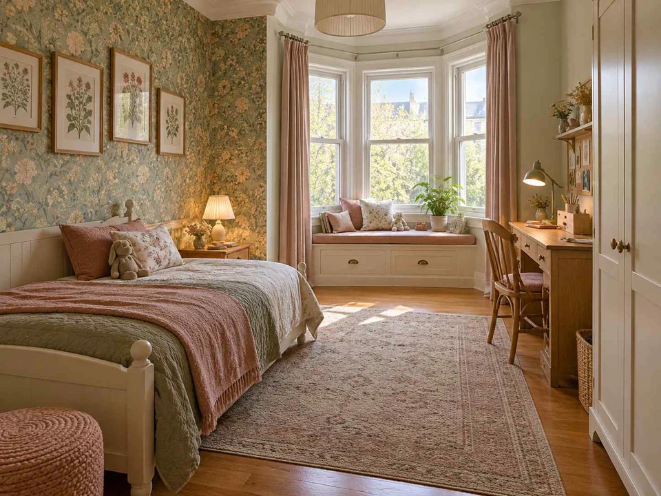 AI concept of a bedroom with a window-side seating area, with botanical patterns and muted green furniture