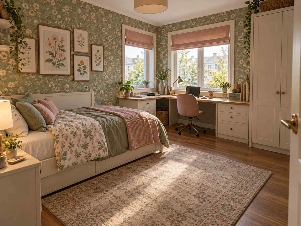 AI concept of a bedroom with a desk positioned near a window, with botanical patterns and muted green furniture