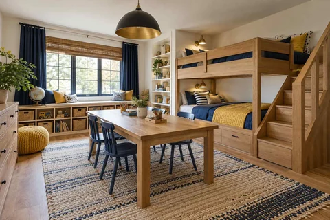 AI concept: a timber bunk bed and large activity table with blue chairs near a window