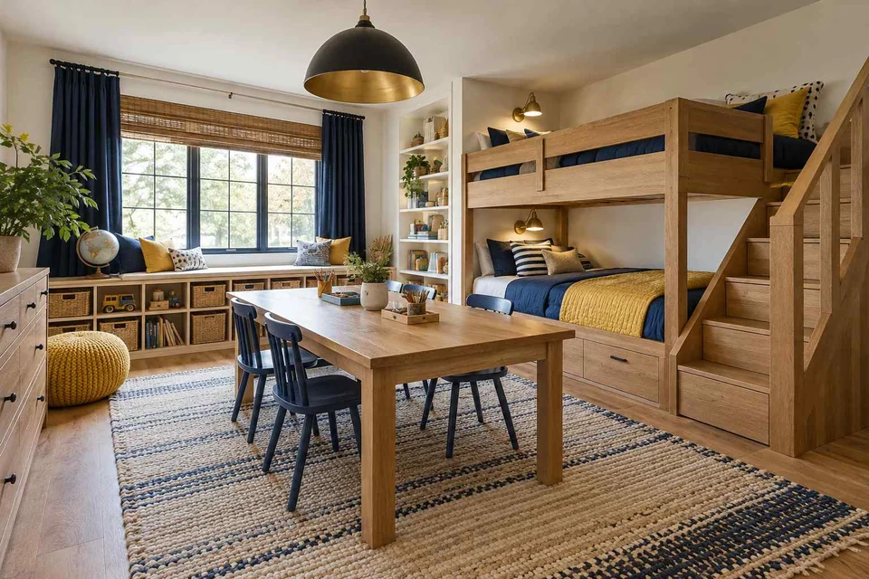 AI concept: a timber bunk bed and large activity table with blue chairs near a window