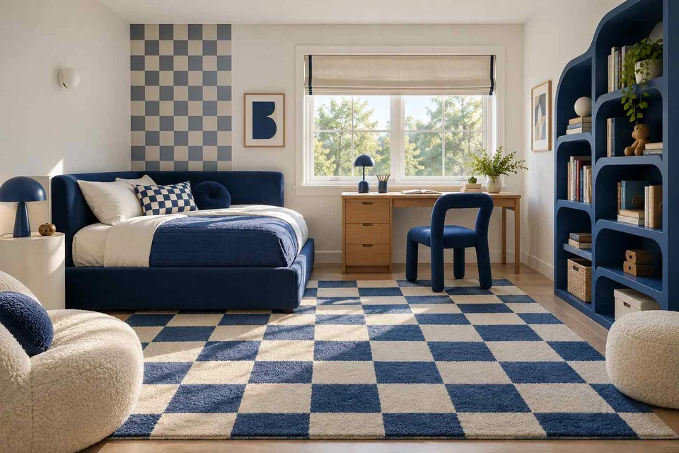 AI concept: a blue upholstered bed, checkerboard rug and square wall pattern beside a desk