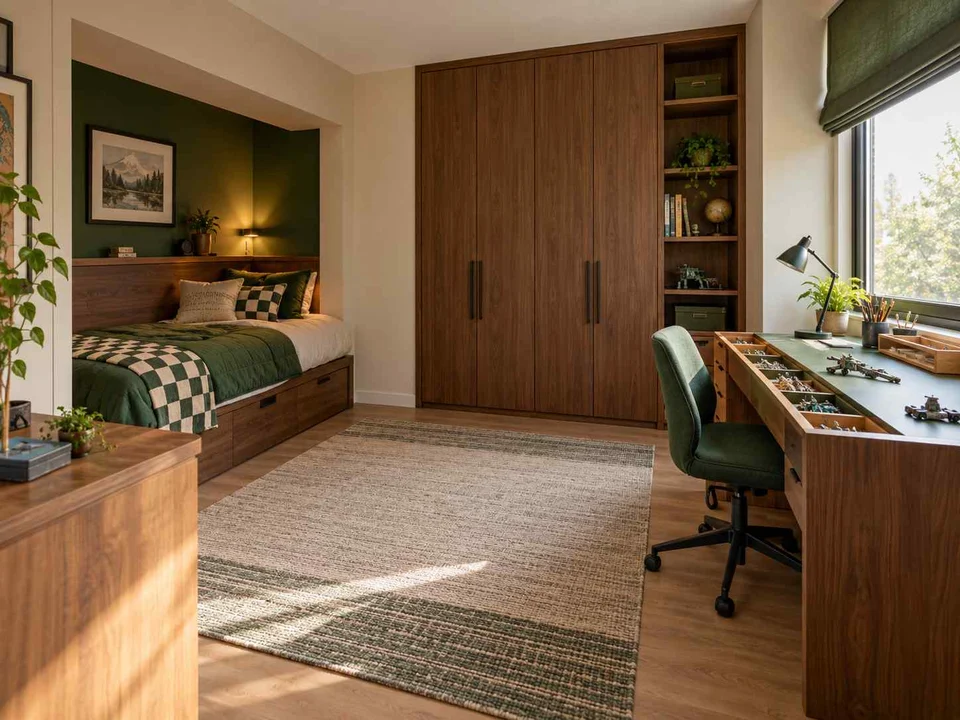 AI concept of a bedroom with a recessed sleeping area and a separate desk, with deep green accents and warm wood storage