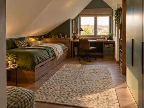 AI concept of a bedroom beneath a sloping ceiling with a bed and desk, with deep green accents and warm wood storage