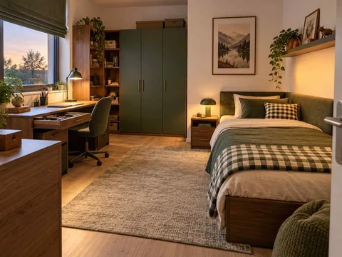 AI concept of a bedroom arranged with a bed, desk and storage furniture, with deep green accents and warm wood storage