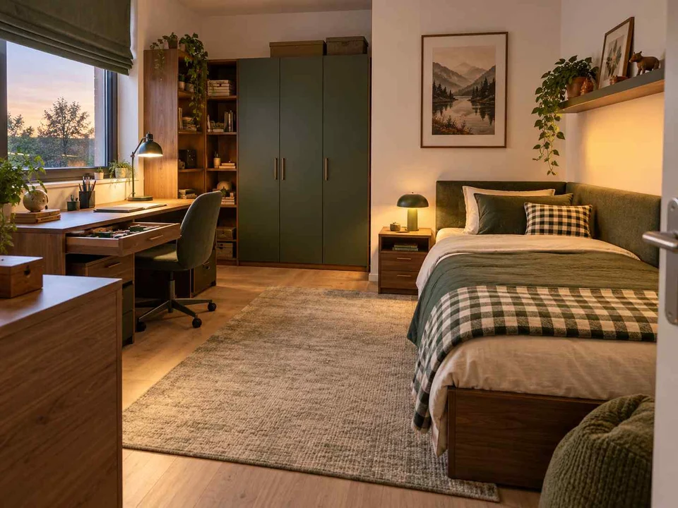 AI concept of a bedroom arranged with a bed, desk and storage furniture, with deep green accents and warm wood storage