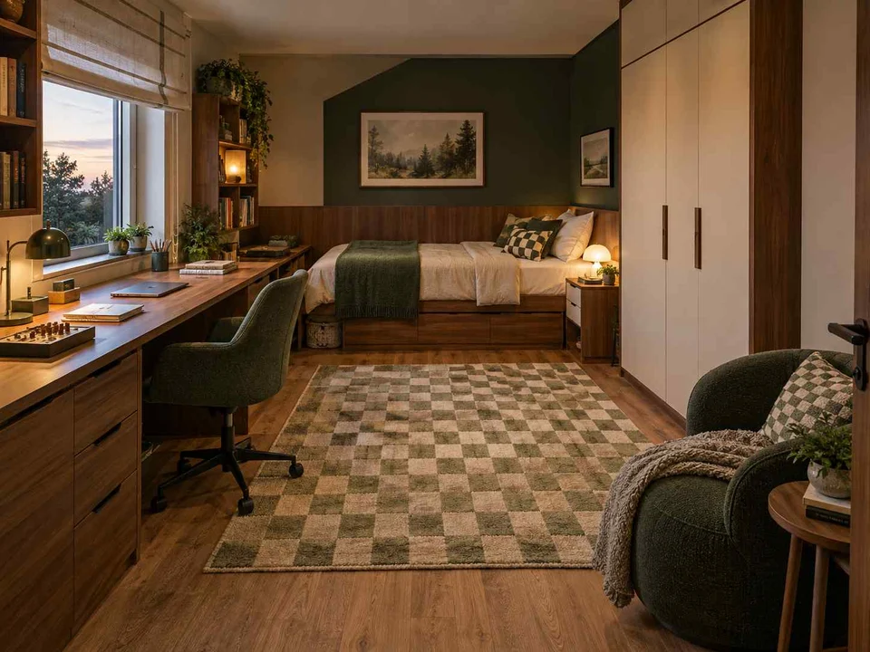 AI concept of a bedroom with desk space, task lighting and nearby storage, with deep green accents and warm wood storage