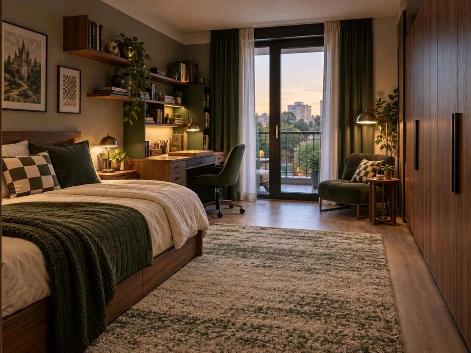 AI concept of a bedroom opening towards full-height glazed doors, with deep green accents and warm wood storage