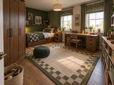AI concept of a bedroom with a central rug and open floor space for play, with deep green accents and warm wood storage