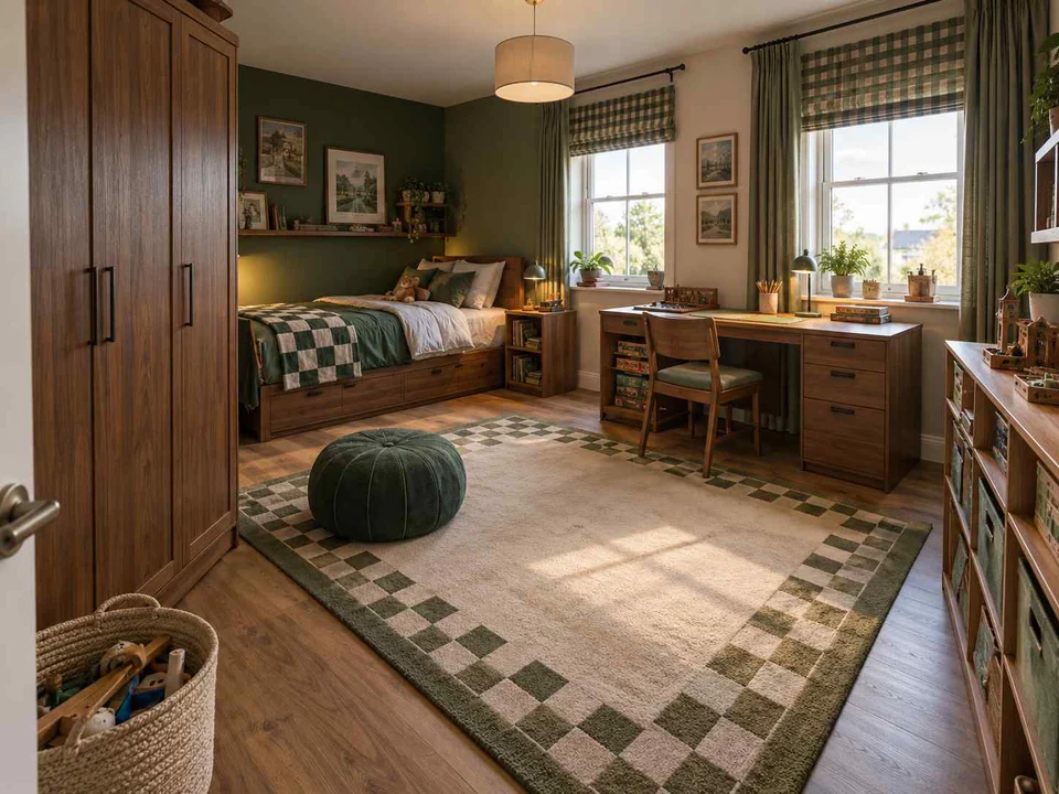 AI concept of a bedroom with a central rug and open floor space for play, with deep green accents and warm wood storage