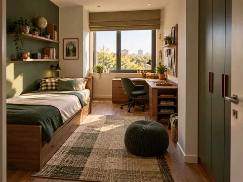 AI concept of a bedroom with a study desk and storage beside the sleeping area, with deep green accents and warm wood storage
